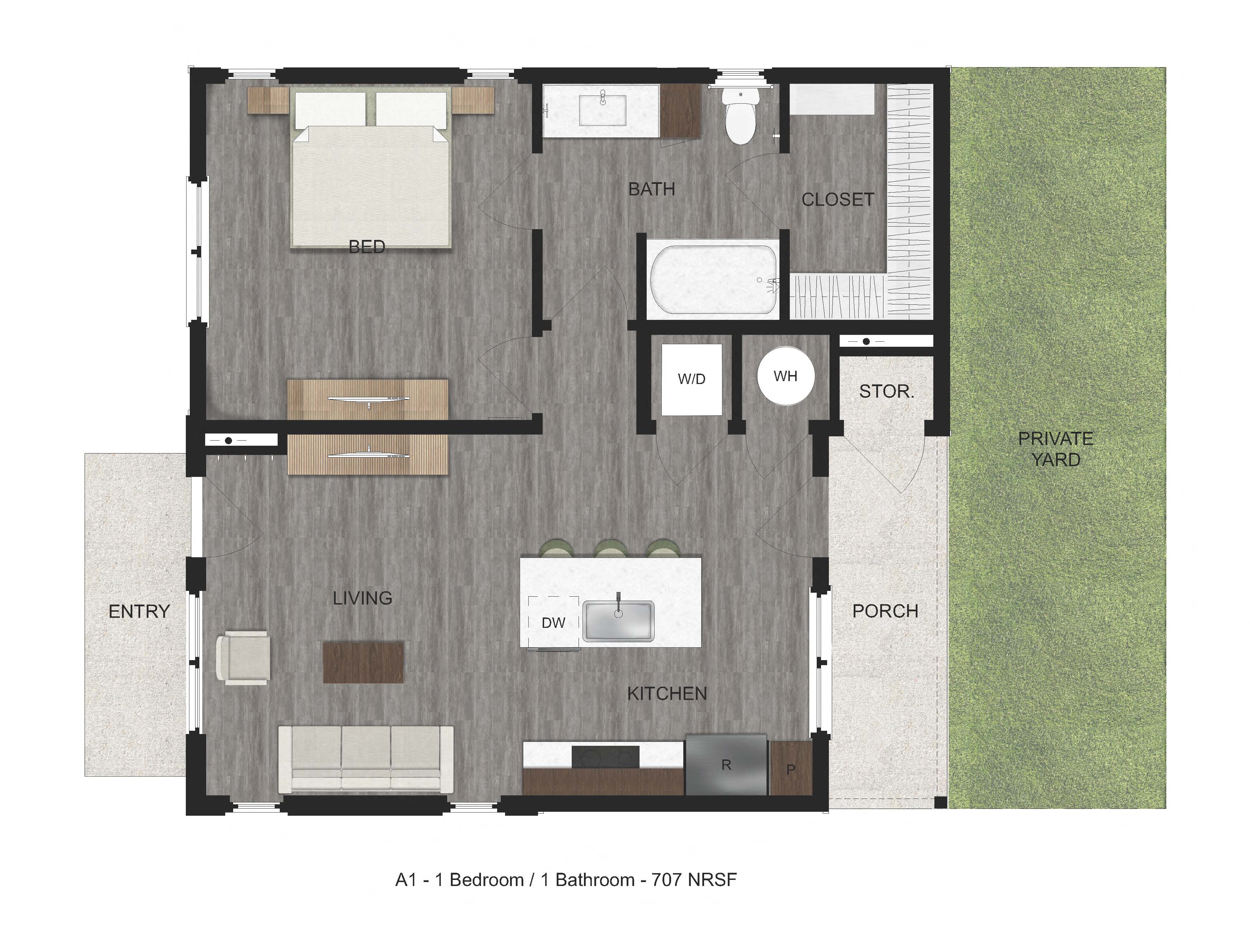 Floor plan for 1 bed, 1 bath, 707 sqft